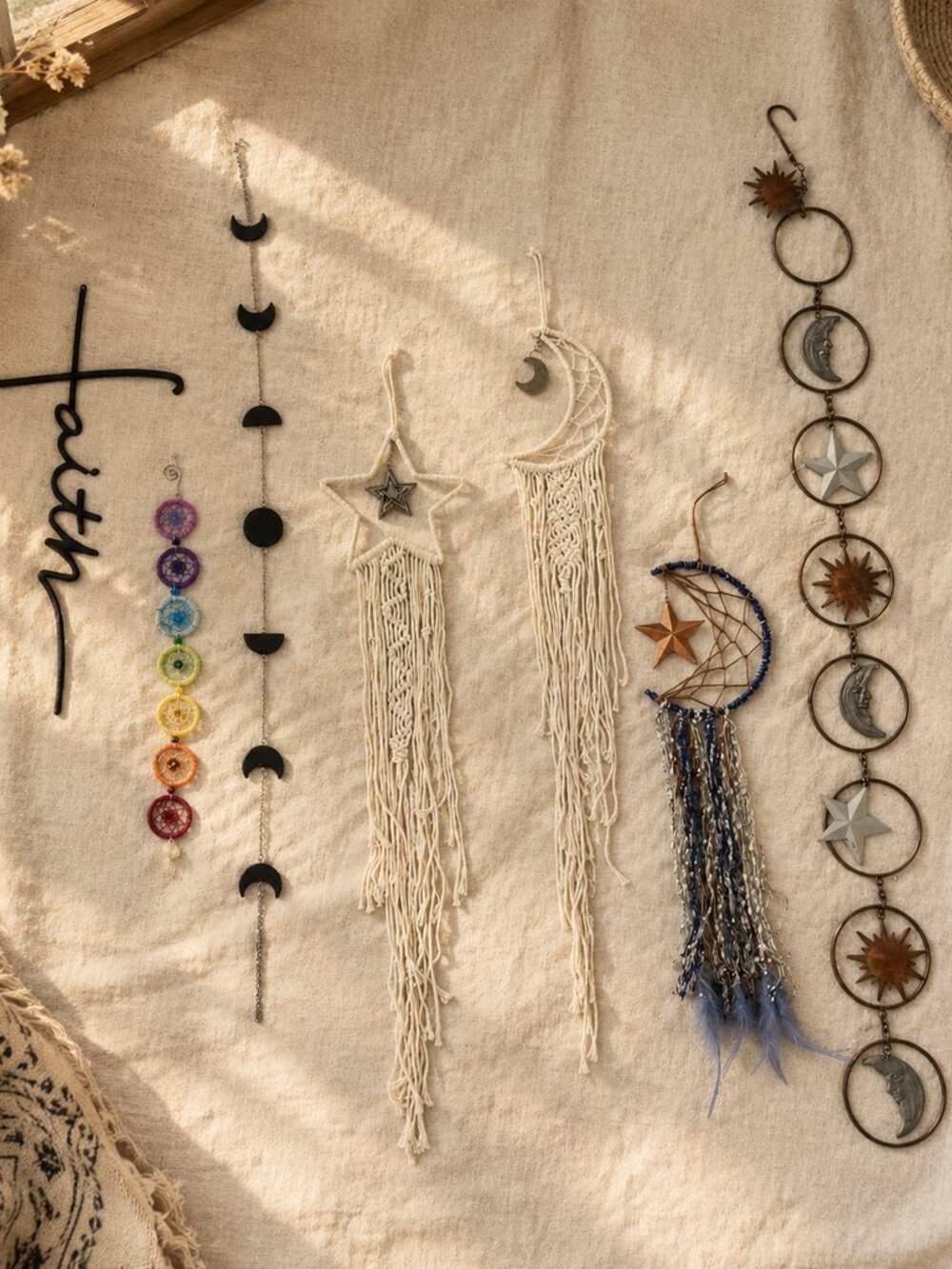 Boho, chakra, moon, dream catcher, wind chime, wall decor (set of 7)